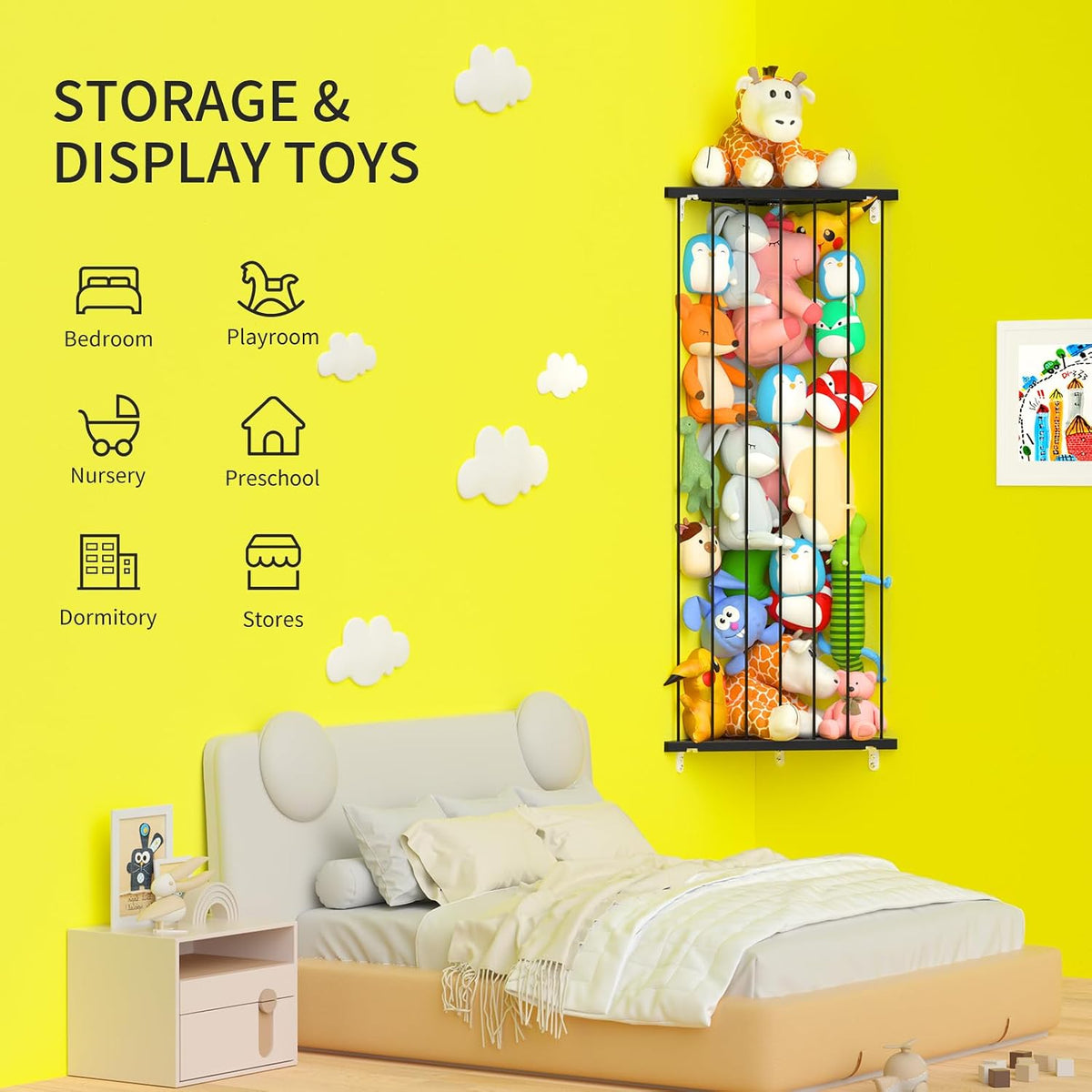 Corner Stuffed Animal Storage for Kids Room - Wall Mounted Stuffed Animal Organizer - Adjustable Plush Toy Holder Shelf for Nursery Playroom Bedroom (White)