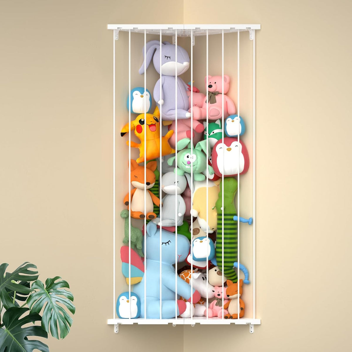 Corner Stuffed Animal Storage for Kids Room - Wall Mounted Stuffed Animal Organizer - Adjustable Plush Toy Holder Shelf for Nursery Playroom Bedroom (White)