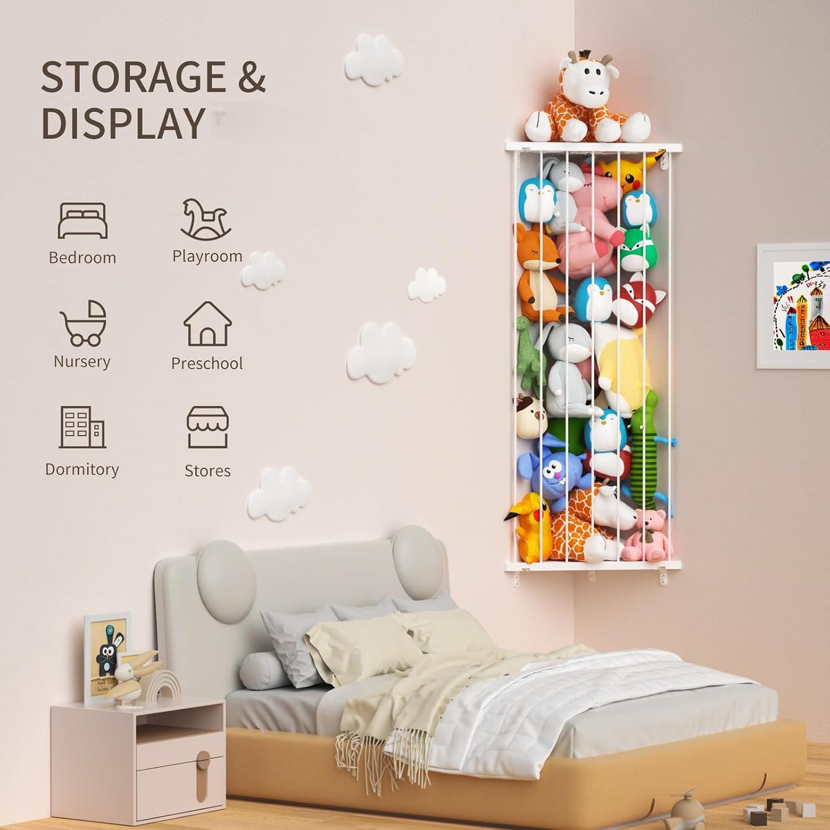 Corner Stuffed Animal Storage for Kids Room - Wall Mounted Stuffed Animal Organizer - Adjustable Plush Toy Holder Shelf for Nursery Playroom Bedroom (White)