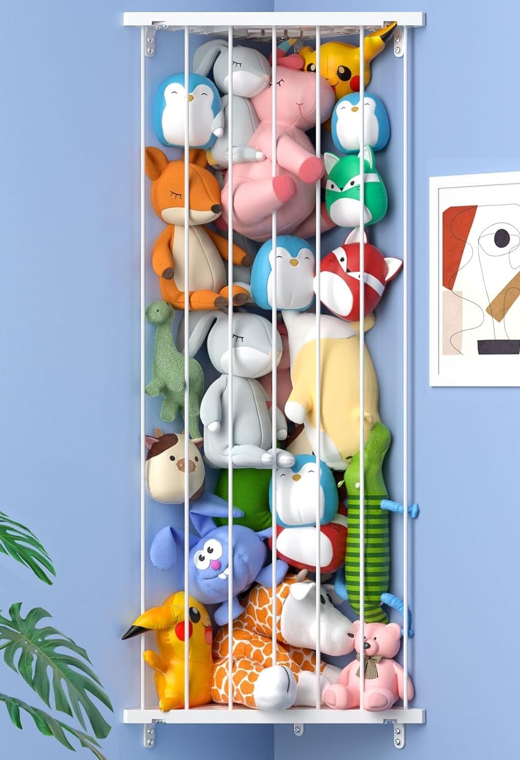 Corner Stuffed Animal Storage for Kids Room - Wall Mounted Stuffed Animal Organizer - Adjustable Plush Toy Holder Shelf for Nursery Playroom Bedroom (White)