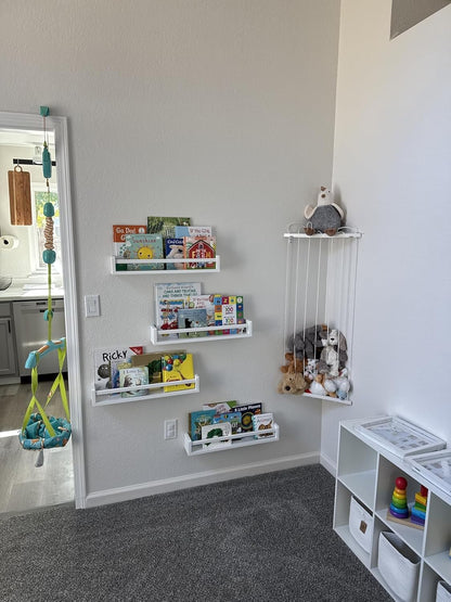 Corner Stuffed Animal Storage for Kids Room - Wall Mounted Stuffed Animal Organizer - Adjustable Plush Toy Holder Shelf for Nursery Playroom Bedroom (White)
