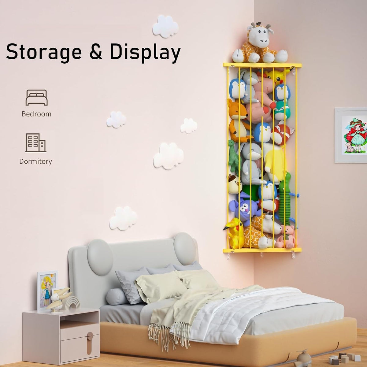 Corner Stuffed Animal Storage for Kids Room - Wall Mounted Stuffed Animal Organizer - Adjustable Plush Toy Holder Shelf for Nursery Playroom Bedroom (White)
