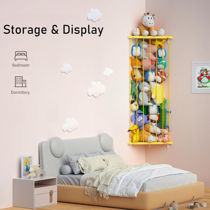 Corner Stuffed Animal Storage for Kids Room - Wall Mounted Stuffed Animal Organizer - Adjustable Plush Toy Holder Shelf for Nursery Playroom Bedroom (White)