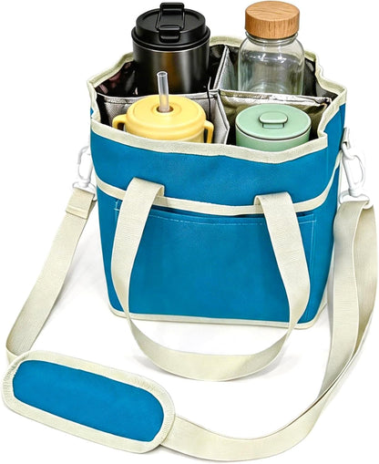 Insulated Drink Carrier Bag, 4 Compartment Leakproof Drink Tote with Divider, Reusable Beverage Carrier for Coffee, Delivery, Car Travel & Picnic
