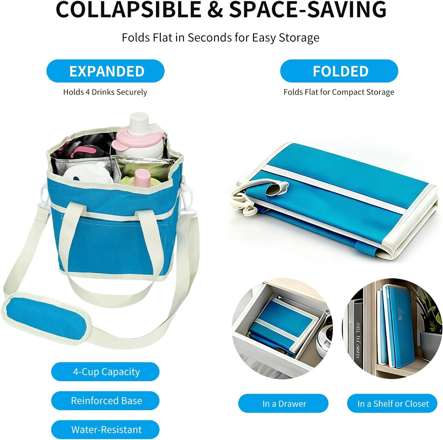 Insulated Drink Carrier Bag, 4 Compartment Leakproof Drink Tote with Divider, Reusable Beverage Carrier for Coffee, Delivery, Car Travel & Picnic