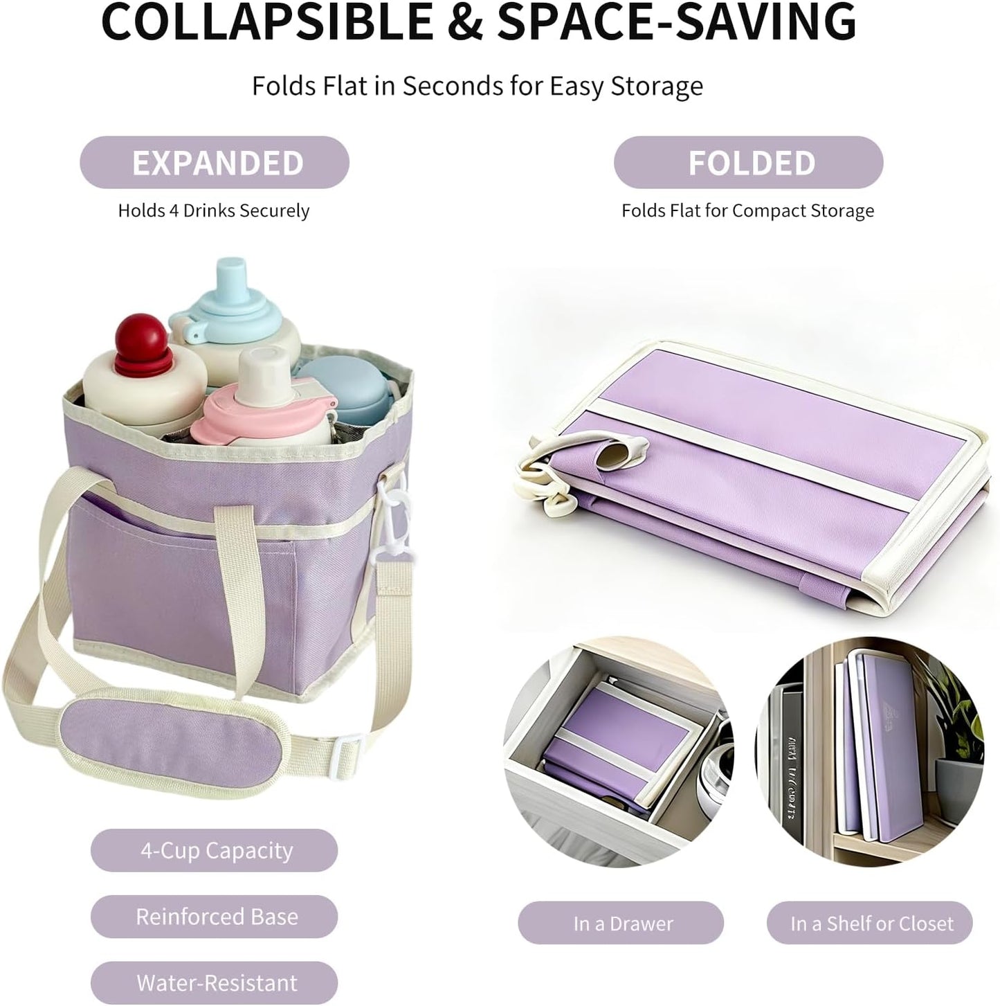 Insulated Drink Carrier Bag, 4 Compartment Leakproof Drink Tote with Divider, Reusable Beverage Carrier for Coffee, Delivery, Car Travel & Picnic
