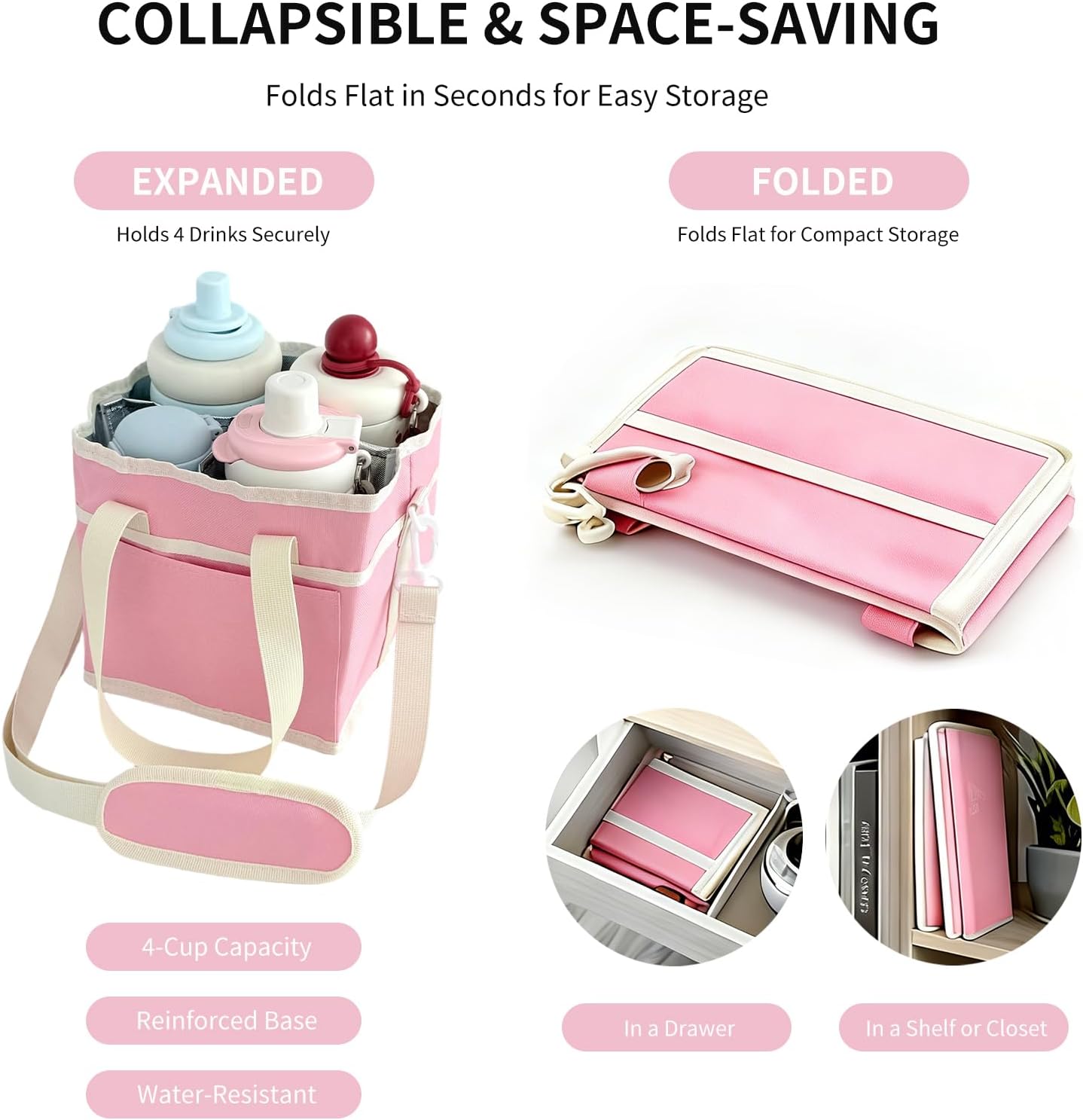 Insulated Drink Carrier Bag, 4 Compartment Leakproof Drink Tote with Divider, Reusable Beverage Carrier for Coffee, Delivery, Car Travel & Picnic