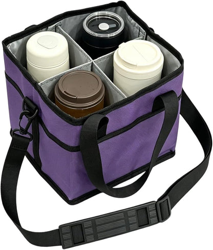 Insulated Drink Carrier Bag, 4 Compartment Leakproof Drink Tote with Divider, Reusable Beverage Carrier for Coffee, Delivery, Car Travel & Picnic