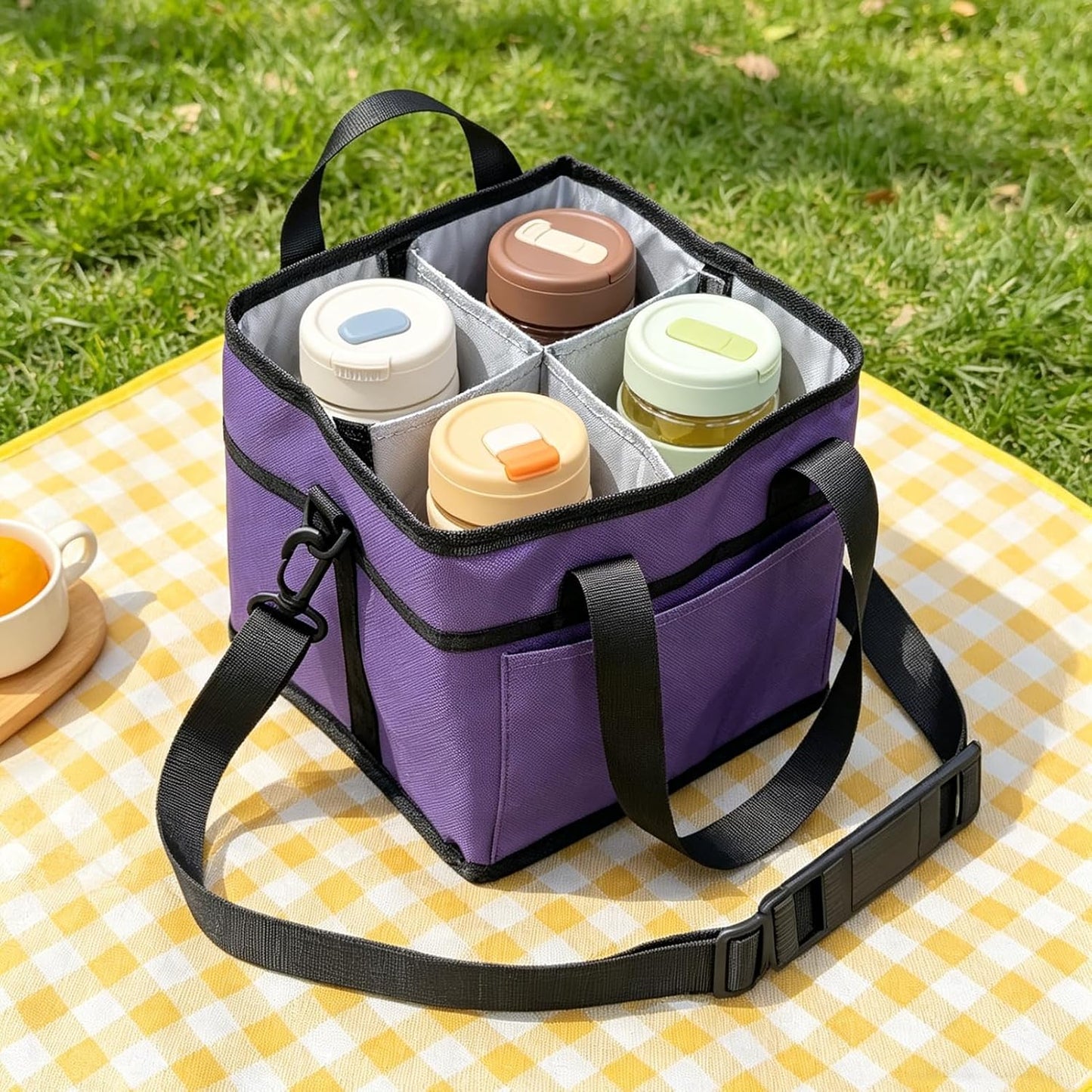 Insulated Drink Carrier Bag, 4 Compartment Leakproof Drink Tote with Divider, Reusable Beverage Carrier for Coffee, Delivery, Car Travel & Picnic