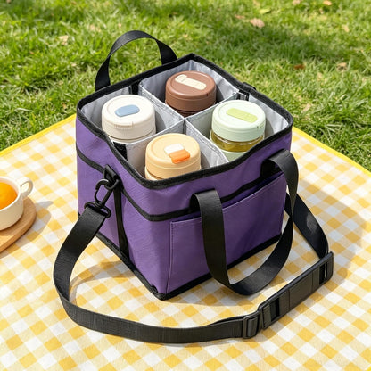Insulated Drink Carrier Bag, 4 Compartment Leakproof Drink Tote with Divider, Reusable Beverage Carrier for Coffee, Delivery, Car Travel & Picnic