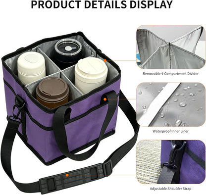 Insulated Drink Carrier Bag, 4 Compartment Leakproof Drink Tote with Divider, Reusable Beverage Carrier for Coffee, Delivery, Car Travel & Picnic