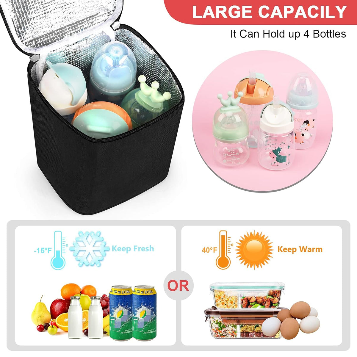 Breastmilk Cooler Bag, Baby Bottle Cooler Bags, Insulated Tote Bags On The Go, Fits 4 Large 8oz Bottles, for Nursing Mom Daycare Travel
