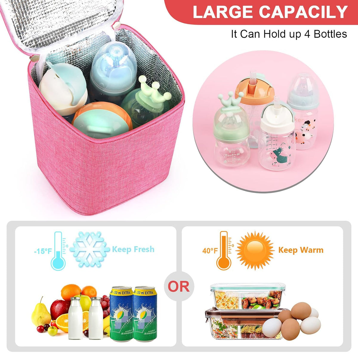 Breastmilk Cooler Bag, Baby Bottle Cooler Bags, Insulated Tote Bags On The Go, Fits 4 Large 8oz Bottles, for Nursing Mom Daycare Travel