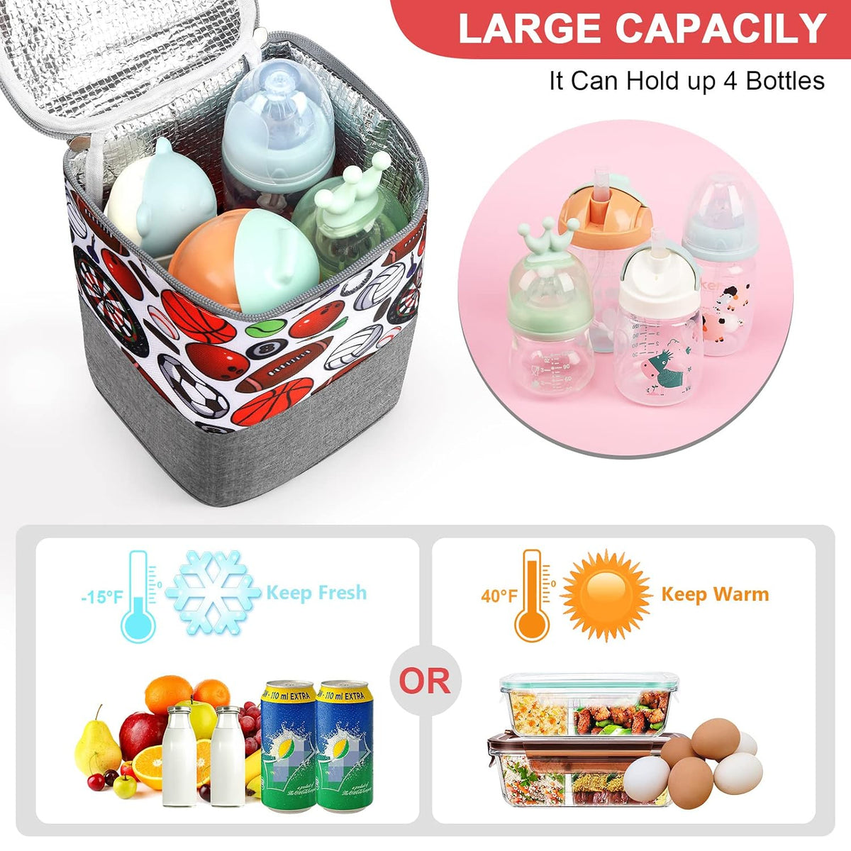 Breastmilk Cooler Bag, Baby Bottle Cooler Bags, Insulated Tote Bags On The Go, Fits 4 Large 8oz Bottles, for Nursing Mom Daycare Travel
