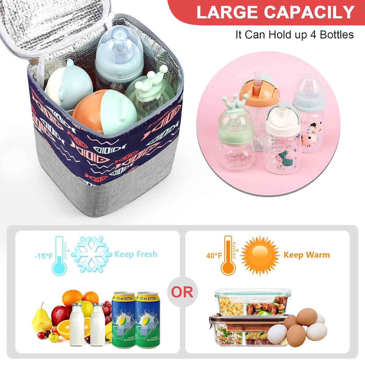 Breastmilk Cooler Bag, Baby Bottle Cooler Bags, Insulated Tote Bags On The Go, Fits 4 Large 8oz Bottles, for Nursing Mom Daycare Travel