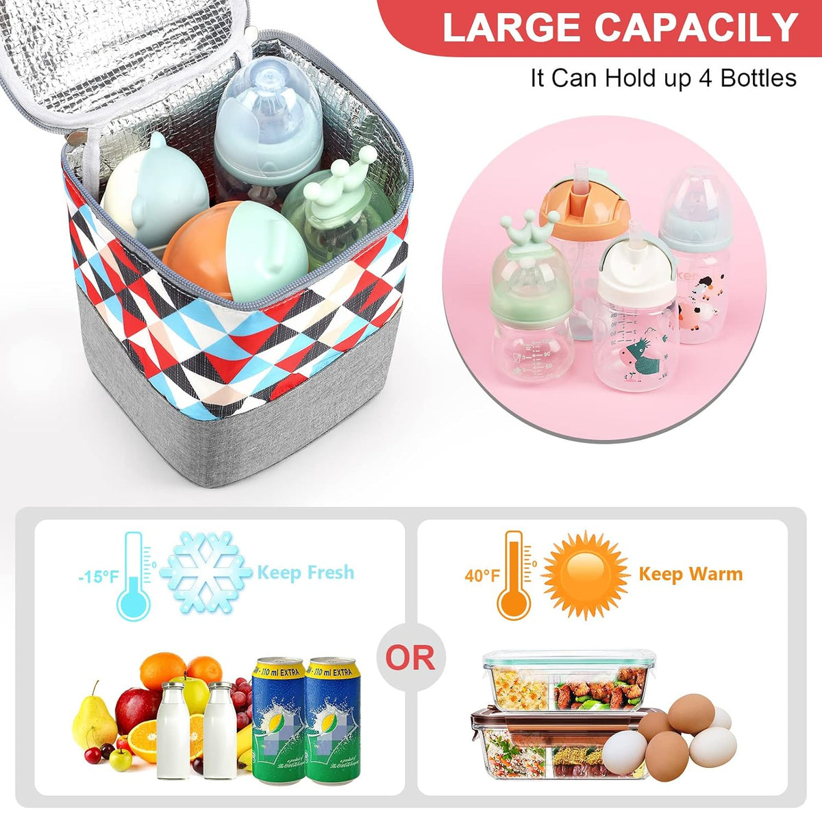 Breastmilk Cooler Bag, Baby Bottle Cooler Bags, Insulated Tote Bags On The Go, Fits 4 Large 8oz Bottles, for Nursing Mom Daycare Travel