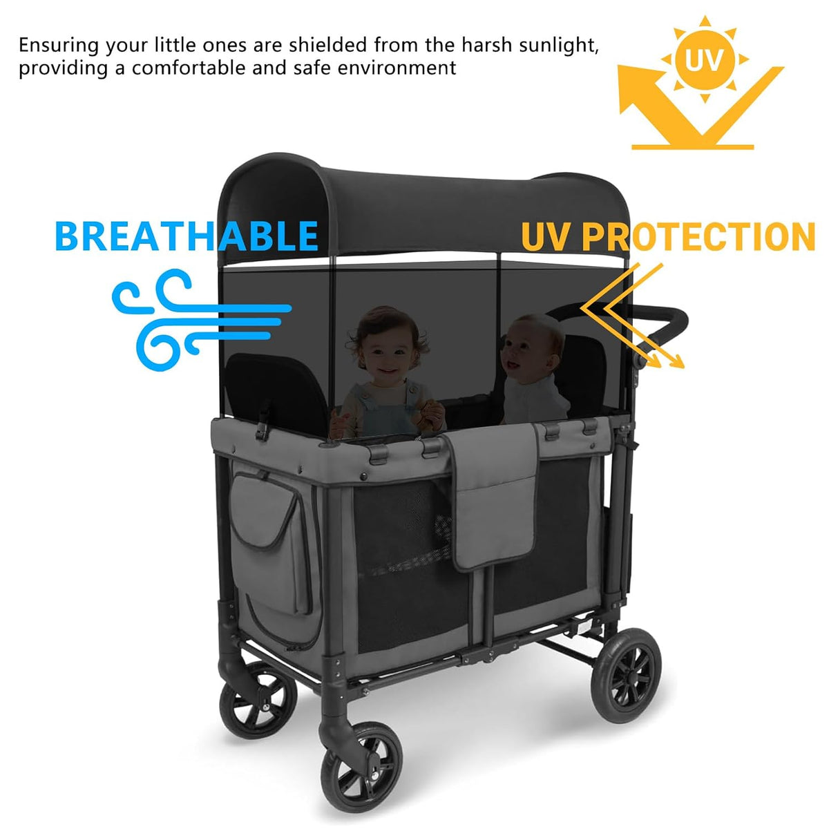 4-Sided Lightweight Elastic Mesh Sunshade Fence Compatible for Wonderfold W4/W2 Wagon Stroller All Models,Not Obstructing Vision Sunshade Net (Black)