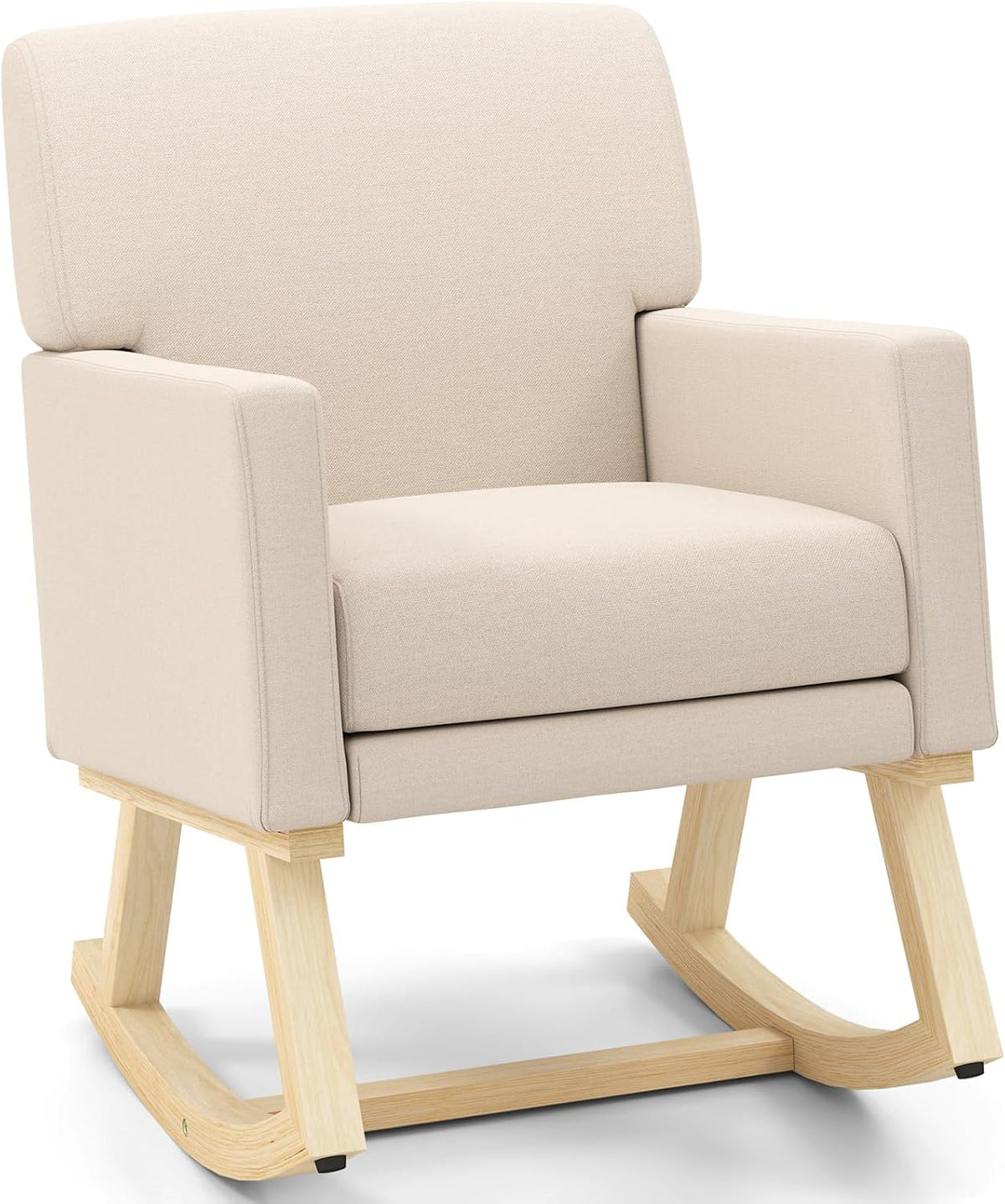 Upholstered Rocking Chair, Nursery Rocking Chair w/Widened Back, Machine-Washable Seat Cushion Cover, Solid Rubber Wood Frame, Glider Rocker Accent Chair for Living Room, Bedroom, Beige