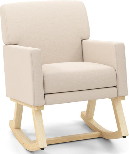 Upholstered Rocking Chair, Nursery Rocking Chair w/Widened Back, Machine-Washable Seat Cushion Cover, Solid Rubber Wood Frame, Glider Rocker Accent Chair for Living Room, Bedroom, Beige