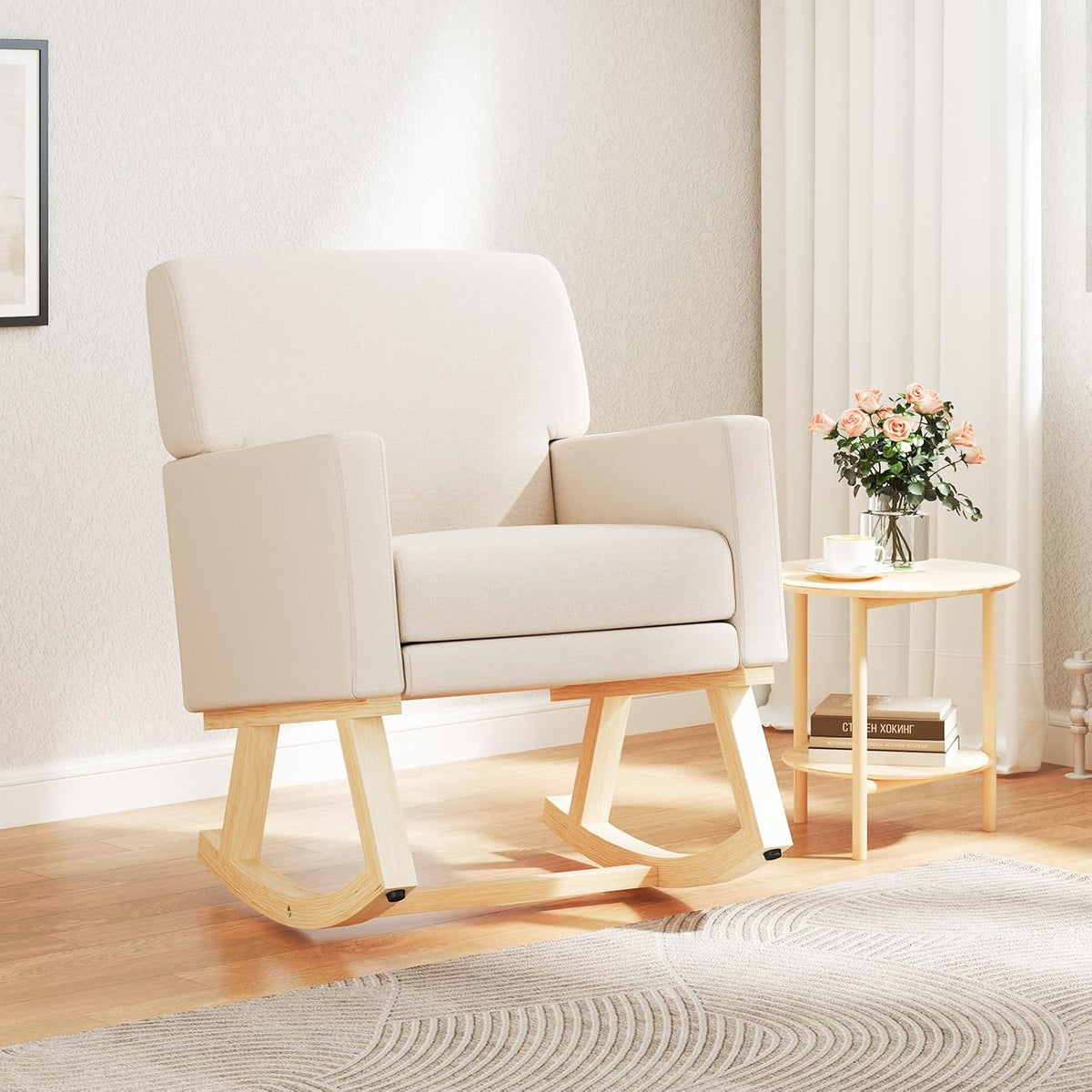Upholstered Rocking Chair, Nursery Rocking Chair w/Widened Back, Machine-Washable Seat Cushion Cover, Solid Rubber Wood Frame, Glider Rocker Accent Chair for Living Room, Bedroom, Beige