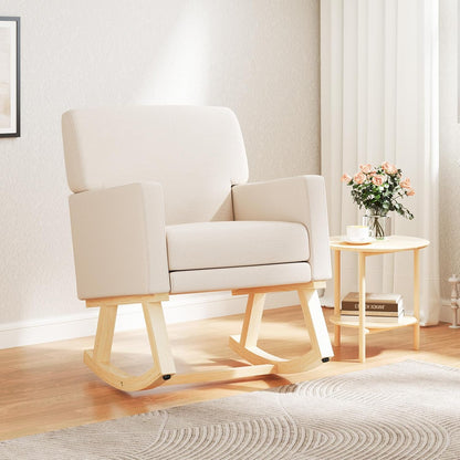 Upholstered Rocking Chair, Nursery Rocking Chair w/Widened Back, Machine-Washable Seat Cushion Cover, Solid Rubber Wood Frame, Glider Rocker Accent Chair for Living Room, Bedroom, Beige