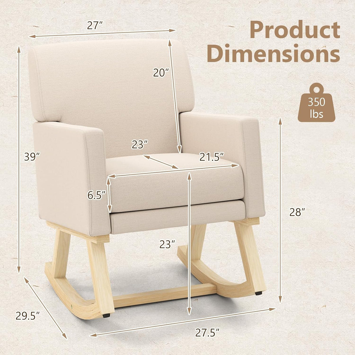 Upholstered Rocking Chair, Nursery Rocking Chair w/Widened Back, Machine-Washable Seat Cushion Cover, Solid Rubber Wood Frame, Glider Rocker Accent Chair for Living Room, Bedroom, Beige