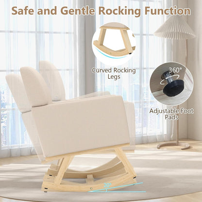 Upholstered Rocking Chair, Nursery Rocking Chair w/Widened Back, Machine-Washable Seat Cushion Cover, Solid Rubber Wood Frame, Glider Rocker Accent Chair for Living Room, Bedroom, Beige