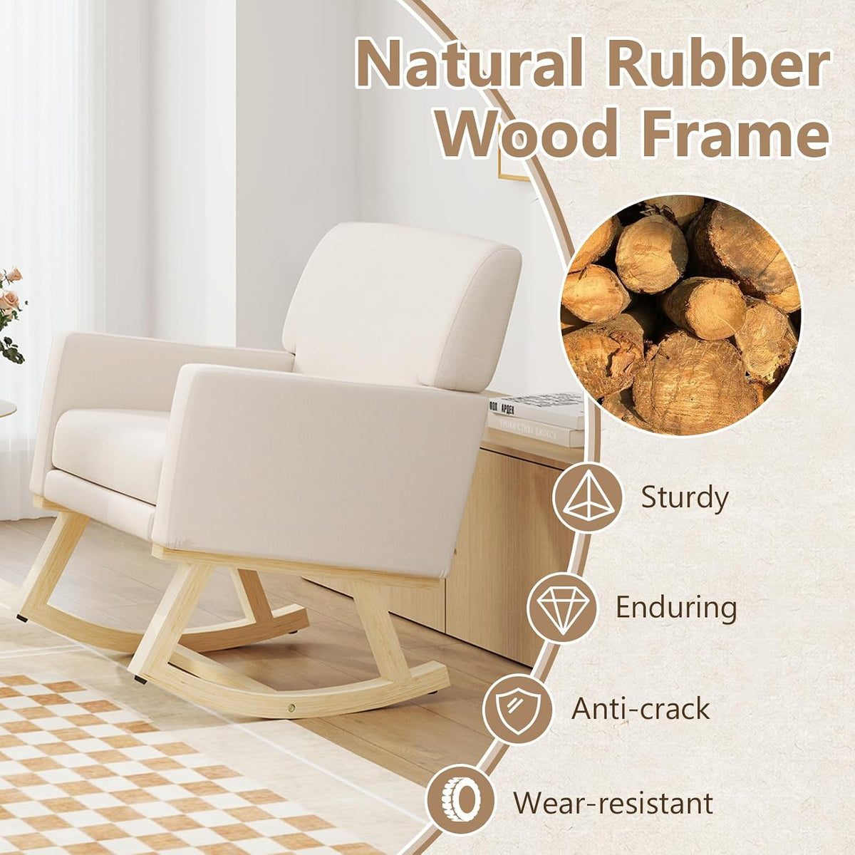 Upholstered Rocking Chair, Nursery Rocking Chair w/Widened Back, Machine-Washable Seat Cushion Cover, Solid Rubber Wood Frame, Glider Rocker Accent Chair for Living Room, Bedroom, Beige