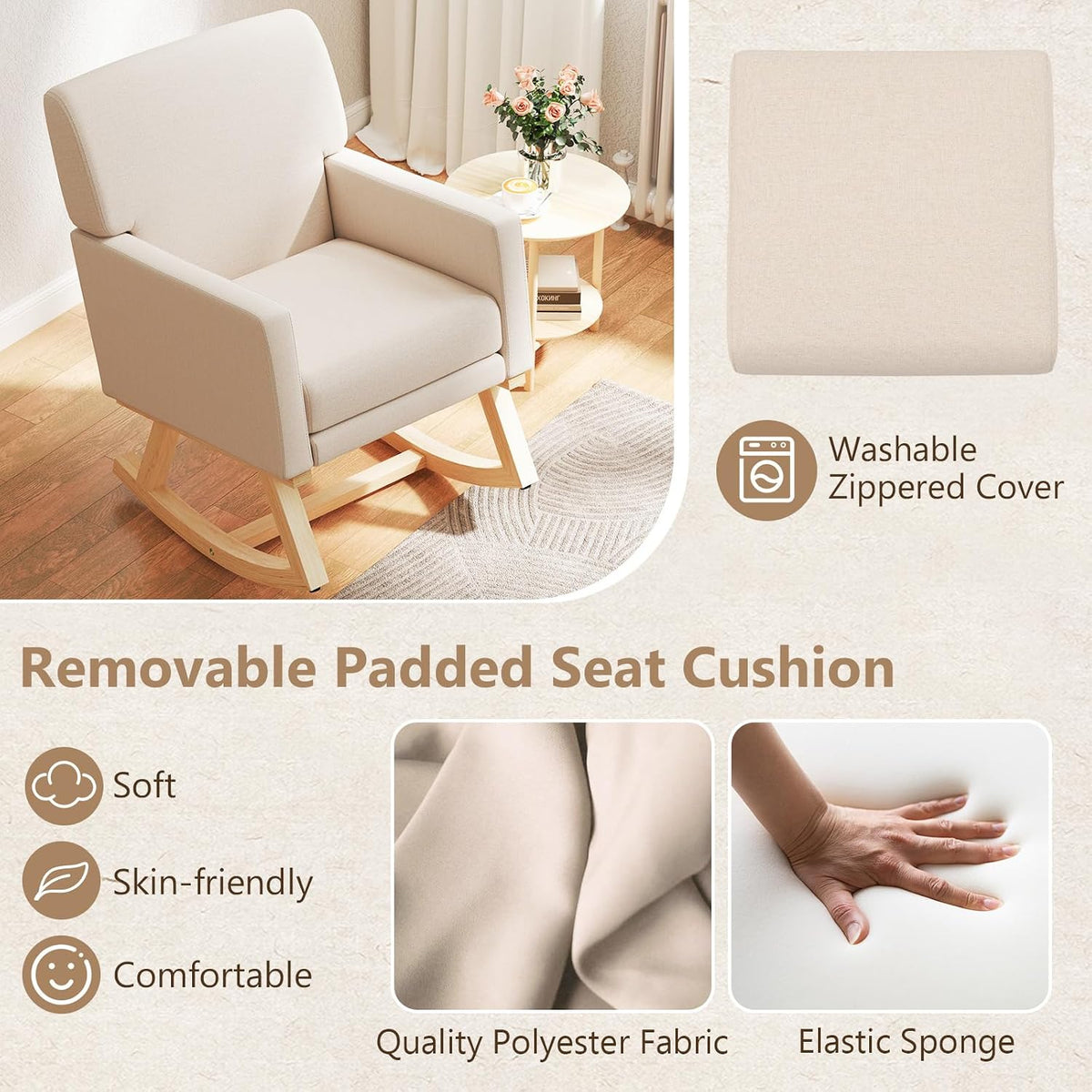 Upholstered Rocking Chair, Nursery Rocking Chair w/Widened Back, Machine-Washable Seat Cushion Cover, Solid Rubber Wood Frame, Glider Rocker Accent Chair for Living Room, Bedroom, Beige
