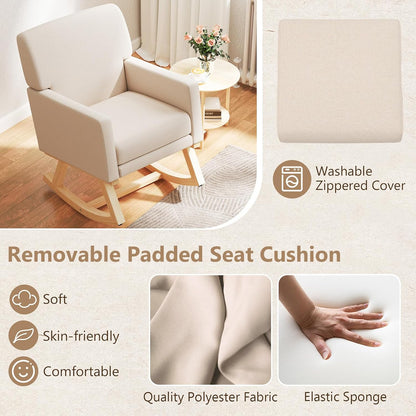 Upholstered Rocking Chair, Nursery Rocking Chair w/Widened Back, Machine-Washable Seat Cushion Cover, Solid Rubber Wood Frame, Glider Rocker Accent Chair for Living Room, Bedroom, Beige