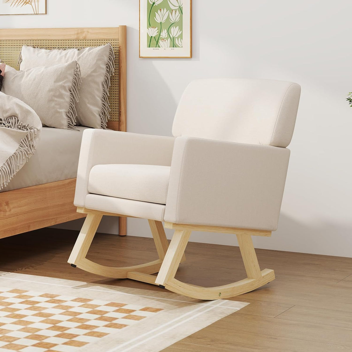 Upholstered Rocking Chair, Nursery Rocking Chair w/Widened Back, Machine-Washable Seat Cushion Cover, Solid Rubber Wood Frame, Glider Rocker Accent Chair for Living Room, Bedroom, Beige