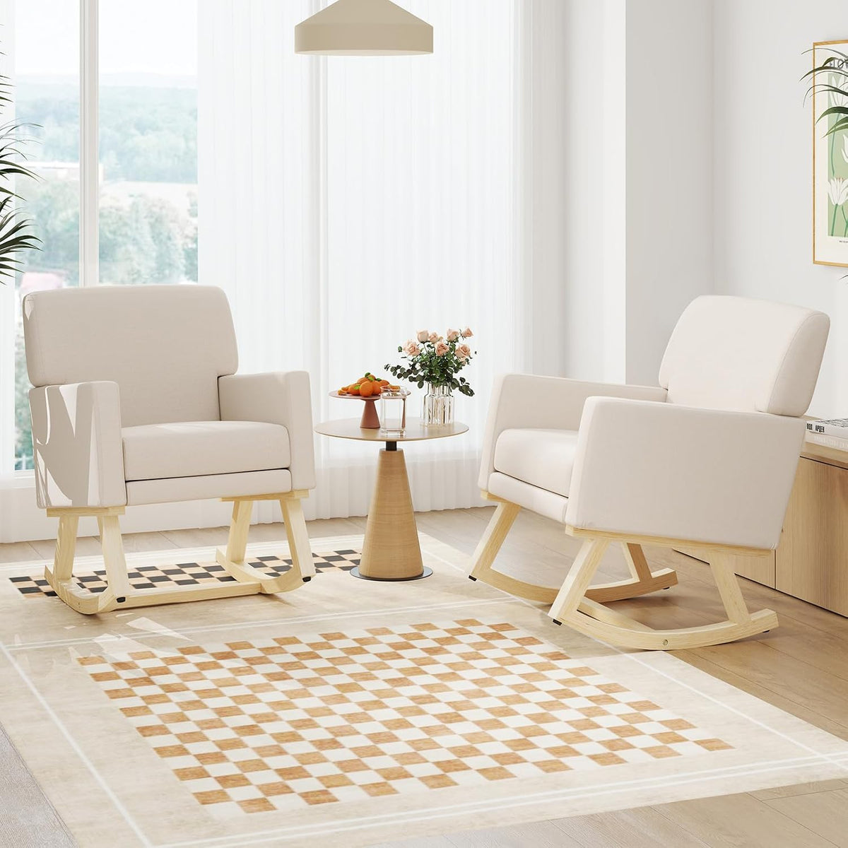 Upholstered Rocking Chair, Nursery Rocking Chair w/Widened Back, Machine-Washable Seat Cushion Cover, Solid Rubber Wood Frame, Glider Rocker Accent Chair for Living Room, Bedroom, Beige