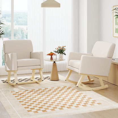 Upholstered Rocking Chair, Nursery Rocking Chair w/Widened Back, Machine-Washable Seat Cushion Cover, Solid Rubber Wood Frame, Glider Rocker Accent Chair for Living Room, Bedroom, Beige