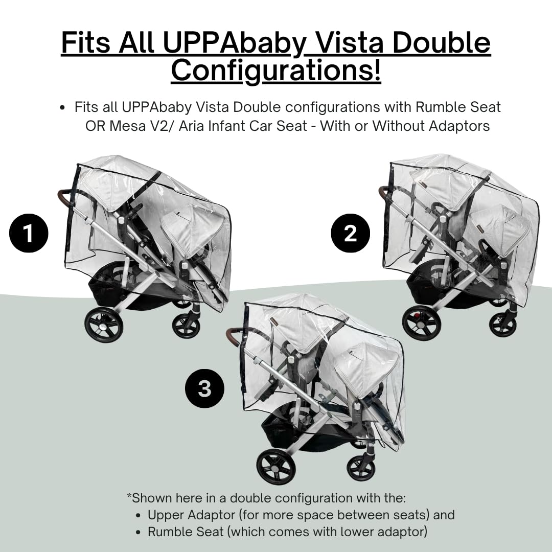 Rain and Wind Cover Made for UPPAbaby Vista V2/V3 Double Stroller System w/Rumble Seat - Clear, Ventilation Holes, Maximum Coverage (Standard Coverage)