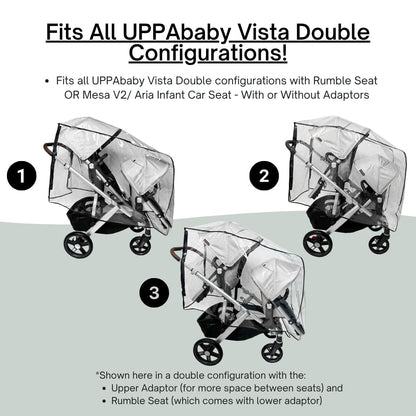 Rain and Wind Cover Made for UPPAbaby Vista V2/V3 Double Stroller System w/Rumble Seat - Clear, Ventilation Holes, Maximum Coverage (Standard Coverage)