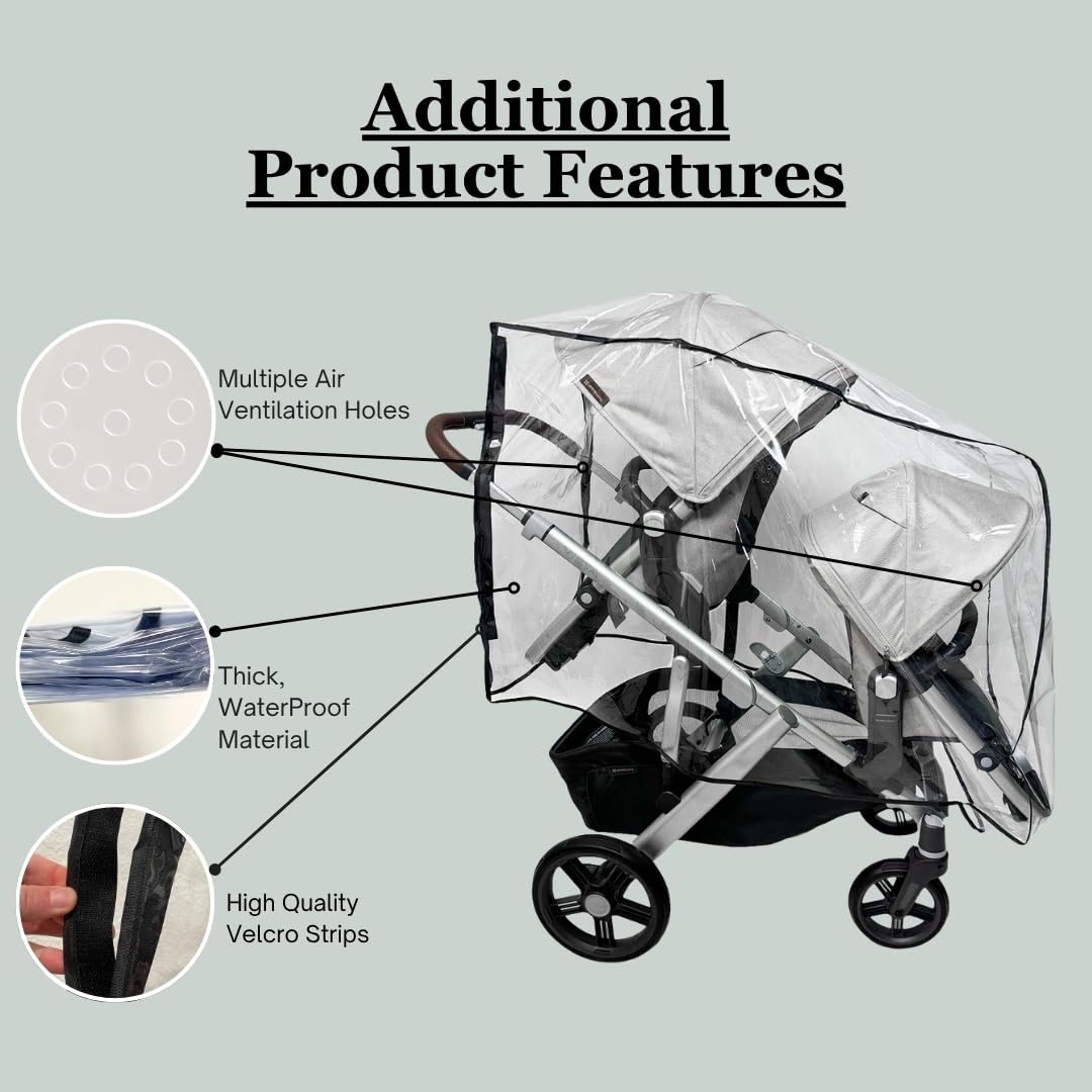 Rain and Wind Cover Made for UPPAbaby Vista V2/V3 Double Stroller System w/Rumble Seat - Clear, Ventilation Holes, Maximum Coverage (Standard Coverage)