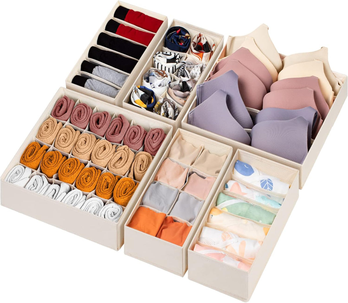 Sock Underwear Drawer Organizer Dividers, 58 Cell Foldable Fabric Dresser Closet Organizers and Storage Bins for Clothing, Baby Clothes, Bra, Panty, Scarf, Ties (White)