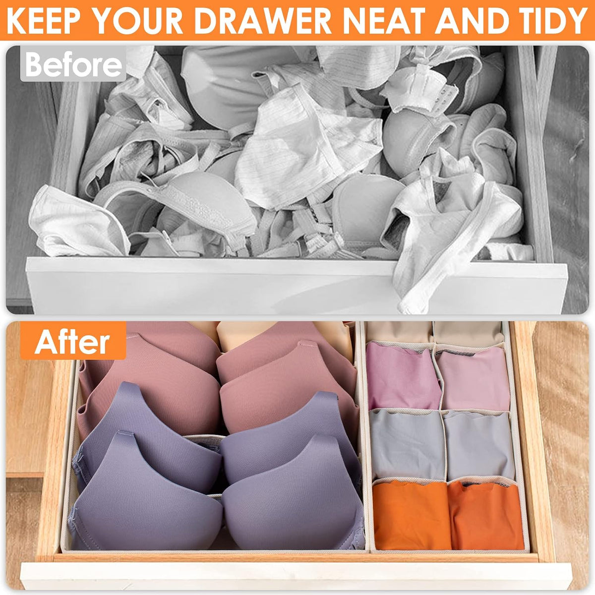 Sock Underwear Drawer Organizer Dividers, 58 Cell Foldable Fabric Dresser Closet Organizers and Storage Bins for Clothing, Baby Clothes, Bra, Panty, Scarf, Ties (White)