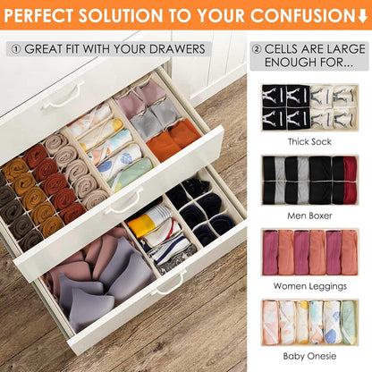 Sock Underwear Drawer Organizer Dividers, 58 Cell Foldable Fabric Dresser Closet Organizers and Storage Bins for Clothing, Baby Clothes, Bra, Panty, Scarf, Ties (White)