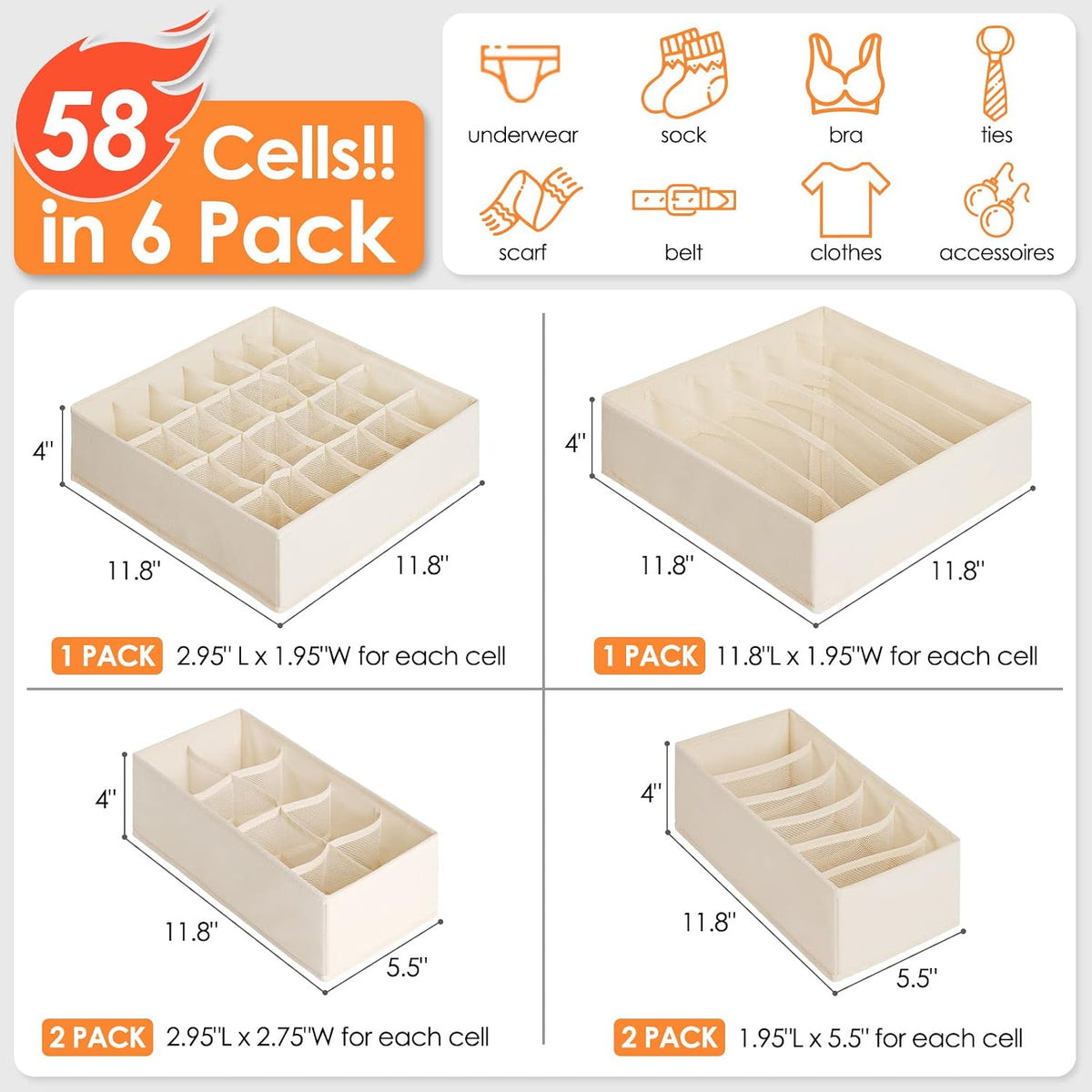 Sock Underwear Drawer Organizer Dividers, 58 Cell Foldable Fabric Dresser Closet Organizers and Storage Bins for Clothing, Baby Clothes, Bra, Panty, Scarf, Ties (White)