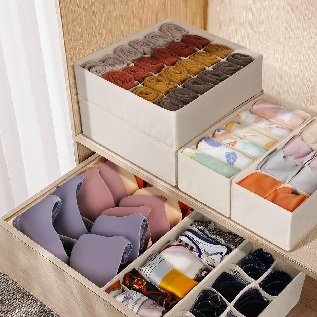 Sock Underwear Drawer Organizer Dividers, 58 Cell Foldable Fabric Dresser Closet Organizers and Storage Bins for Clothing, Baby Clothes, Bra, Panty, Scarf, Ties (White)