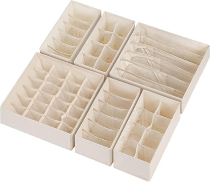 Sock Underwear Drawer Organizer Dividers, 58 Cell Foldable Fabric Dresser Closet Organizers and Storage Bins for Clothing, Baby Clothes, Bra, Panty, Scarf, Ties (White)