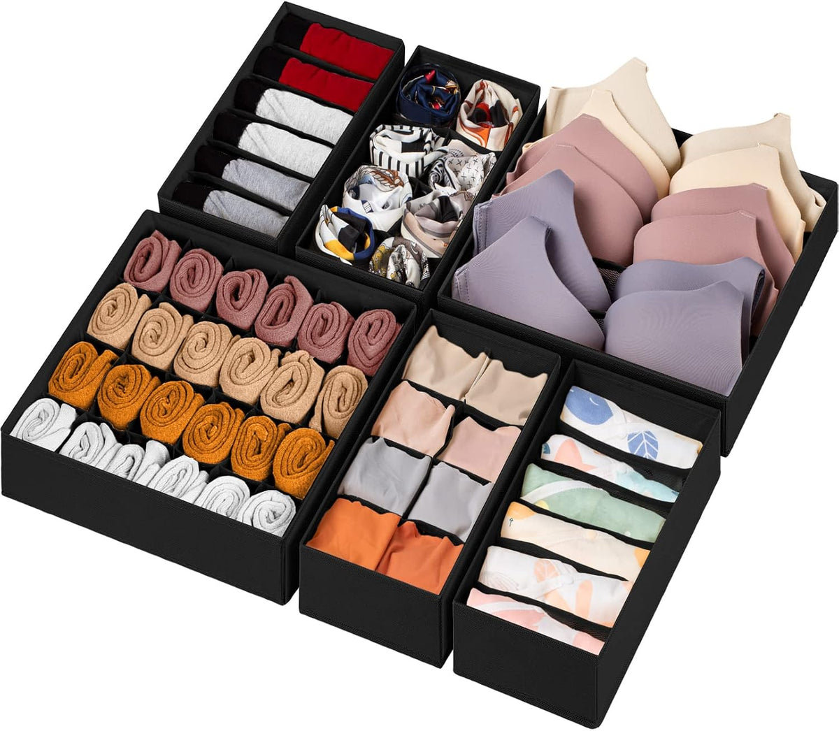 Sock Underwear Drawer Organizer Dividers, 58 Cell Foldable Fabric Dresser Closet Organizers and Storage Bins for Clothing, Baby Clothes, Bra, Panty, Scarf, Ties (White)