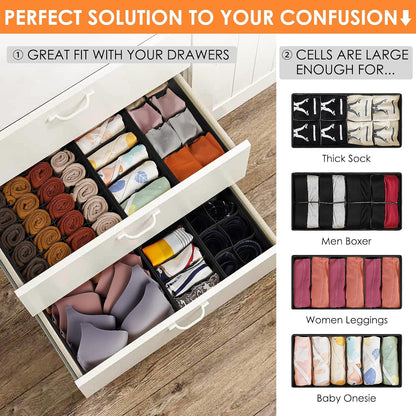 Sock Underwear Drawer Organizer Dividers, 58 Cell Foldable Fabric Dresser Closet Organizers and Storage Bins for Clothing, Baby Clothes, Bra, Panty, Scarf, Ties (White)