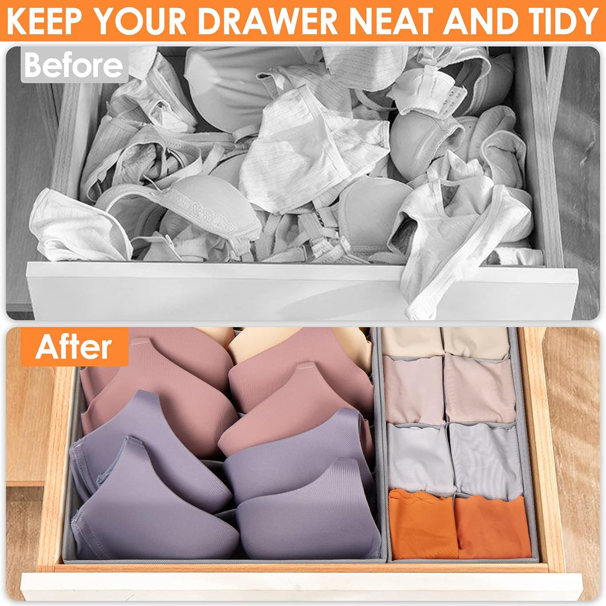 Sock Underwear Drawer Organizer Dividers, 58 Cell Foldable Fabric Dresser Closet Organizers and Storage Bins for Clothing, Baby Clothes, Bra, Panty, Scarf, Ties (White)