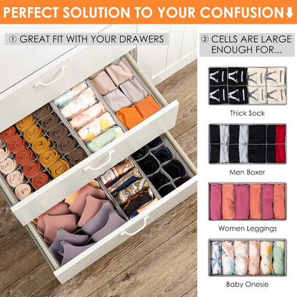 Sock Underwear Drawer Organizer Dividers, 58 Cell Foldable Fabric Dresser Closet Organizers and Storage Bins for Clothing, Baby Clothes, Bra, Panty, Scarf, Ties (White)
