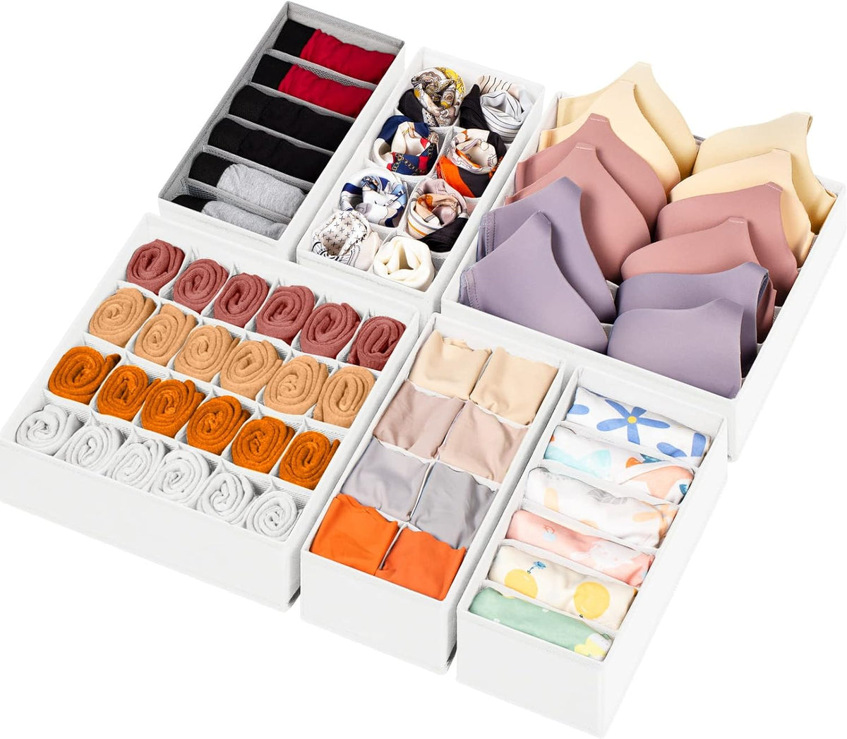 Sock Underwear Drawer Organizer Dividers, 58 Cell Foldable Fabric Dresser Closet Organizers and Storage Bins for Clothing, Baby Clothes, Bra, Panty, Scarf, Ties (White)