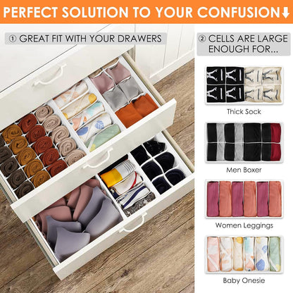 Sock Underwear Drawer Organizer Dividers, 58 Cell Foldable Fabric Dresser Closet Organizers and Storage Bins for Clothing, Baby Clothes, Bra, Panty, Scarf, Ties (White)