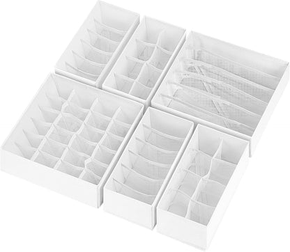 Sock Underwear Drawer Organizer Dividers, 58 Cell Foldable Fabric Dresser Closet Organizers and Storage Bins for Clothing, Baby Clothes, Bra, Panty, Scarf, Ties (White)