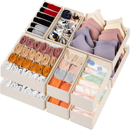 Sock Underwear Drawer Organizer Dividers, 58 Cell Foldable Fabric Dresser Closet Organizers and Storage Bins for Clothing, Baby Clothes, Bra, Panty, Scarf, Ties (White)